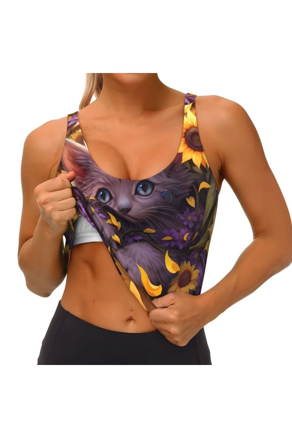 Sunshine Cute Cat Sunflower Print Womens' Sports Bras Scoop Neck Sports Vest- Padded U Back Seamless High Impact Support