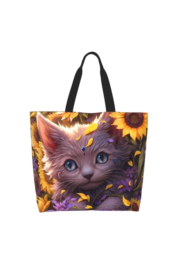 Sunshine Cute Cat Sunflower Tote Bag - Waterproof Lightweight Handbags Travel Shoulder Bag for Hiking Yoga Gym Swimming Travel Beach