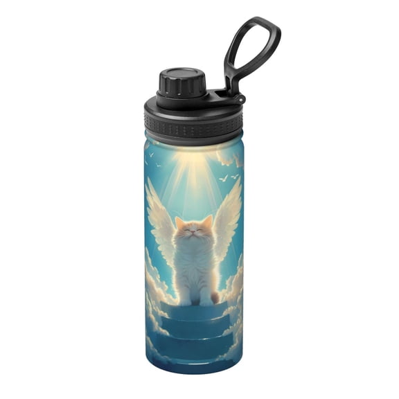 Rateoe Sunshine Cute Winged Cat Printed 18oz Sports Insulated Water Bottle, Double-Wall Stainless Steel Kettle with Leak-Proof Cap and Carry Loop, BPA-Free for Outdoor, Gym, Camping, and Travel