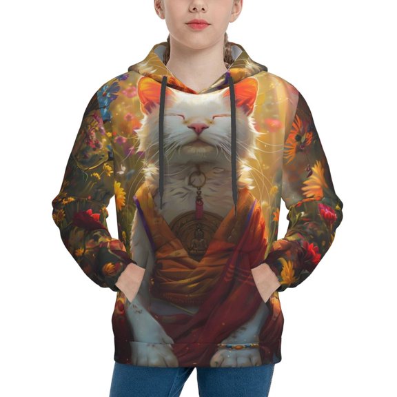 Rateoe Sunshine Flower Meditating Cat Pattern Boys Hoodie, Youth Pullover Hooded Sweatshirt, Kangaroo Pocket Hoodie for Kids-Large