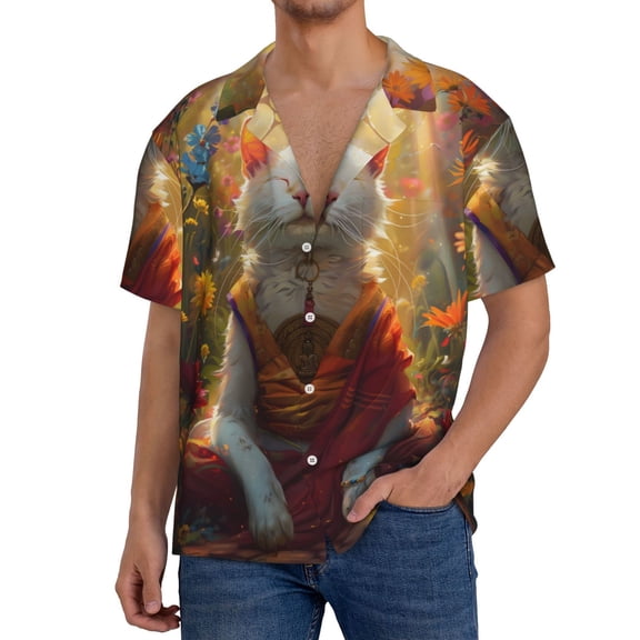 Rateoe Sunshine Flower Meditating Cat Print Mens Front Pocket Hawaiian Shirts Casual Shirts Short Sleeve Button Down Beach Tropical Shirts-X-Large