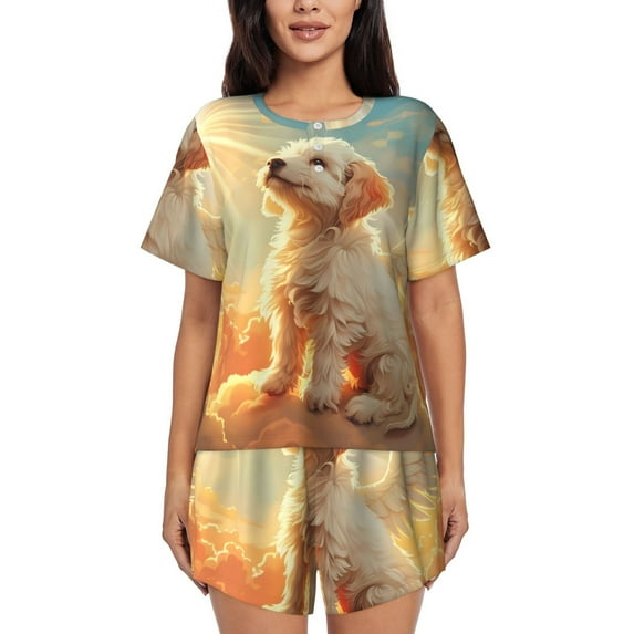Rateoe Sunshine Golden Cloud Dog Pattern Women's Short-Sleeved Pajama Set - 2 Piece Soft and Lightweight Sleepwear Set-Medium