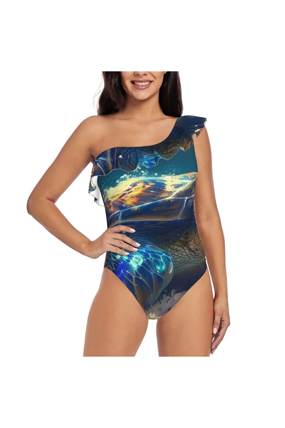 Sunshine Underwater Sand Turtle Pattern Women One Piece Swimsuits Tummy Control One Shoulder Bathing Suits Ruffle Swimwear-Small