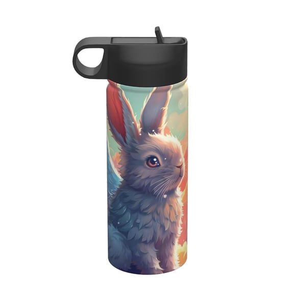 Rateoe Sunshine Winged Rabbit Printed 18oz Sports Insulated Water Bottle, Double-Walled Stainless Steel Kettle with Leak-Proof Straw Lid, Portable & BPA-Free for Outdoor, Gym, Camping, and Travel