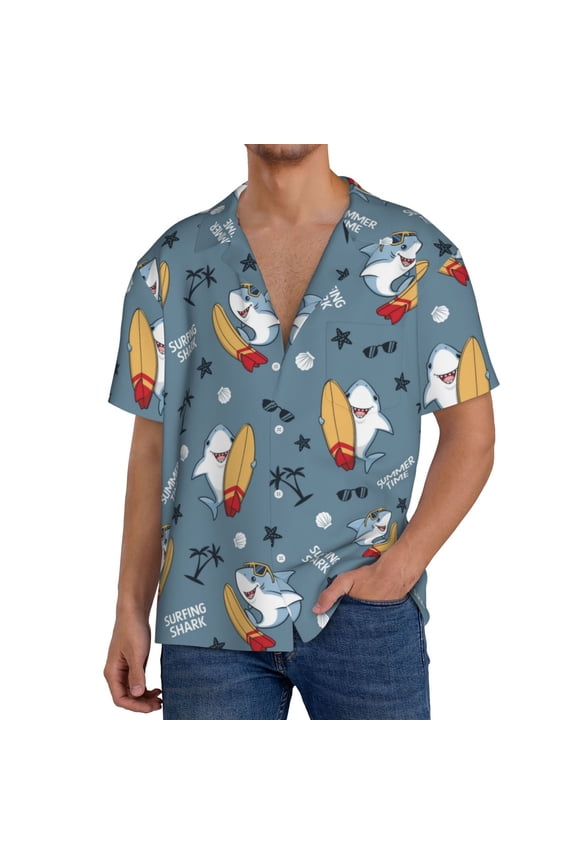 Surf Shark Print Mens Front Pocket Hawaiian Shirts Casual Shirts Short Sleeve Button Down Beach Tropical Shirts-