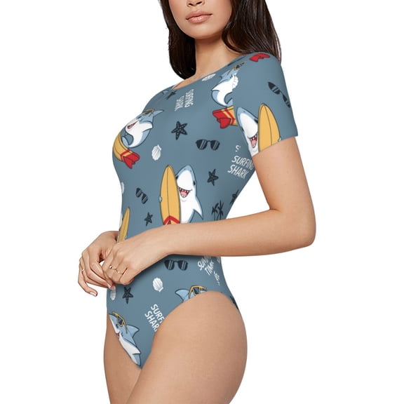 Rateoe Surf Shark Printed Women Rash Guard Short Sleeve,Tummy control Swimsuit Surfing Swimsuit Bathing Suit Short-sleeved Onesie UPF 50+