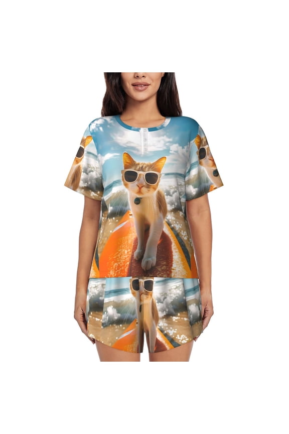 Surfing Cat Sun Pattern Women's Short-Sleeved Pajama Set - 2 Piece Soft and Lightweight Sleepwear Set-X-Large