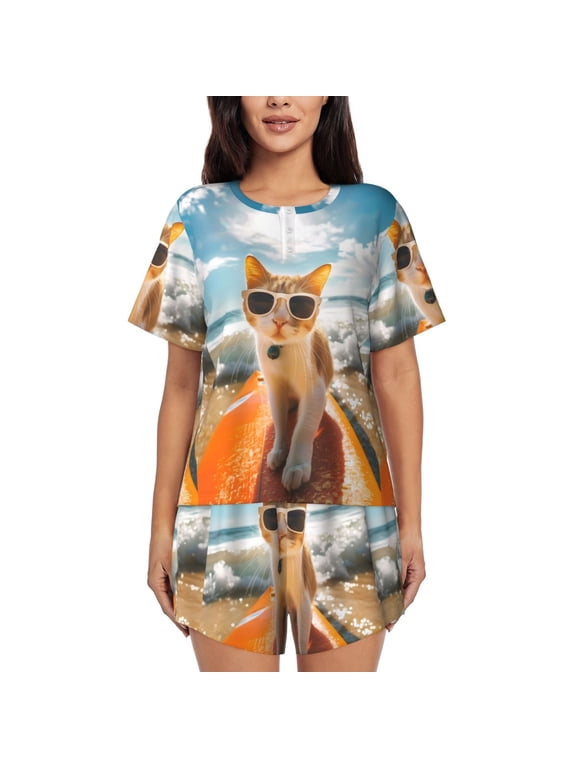 Surfing Cat Sun Pattern Women's Short-Sleeved Pajama Set - 2 Piece Soft and Lightweight Sleepwear Set-X-Large