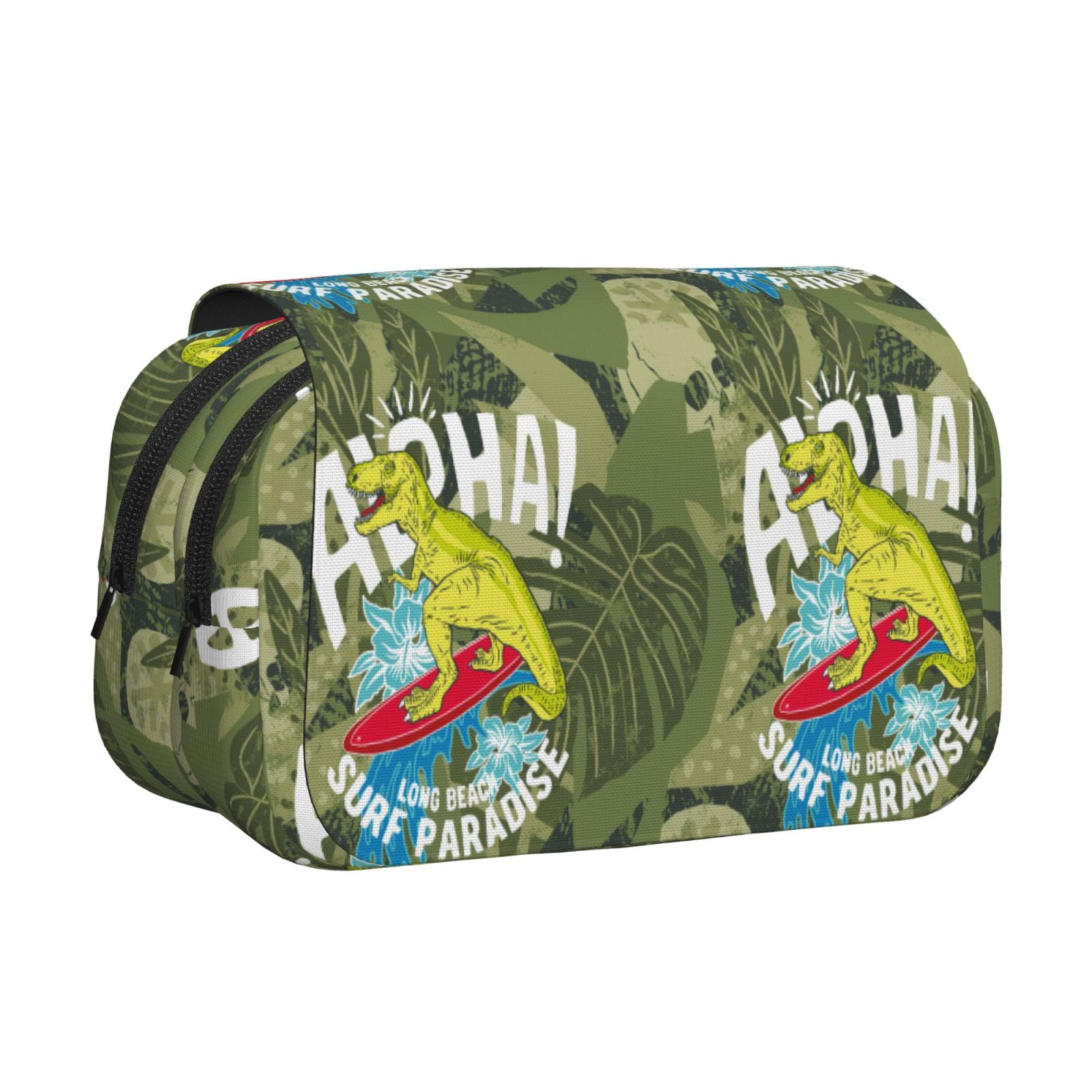 Rateoe Surfing Dinosaur Pattern Double Clamshell Pen Case, Storage Organizer with Two Zipper Compartments– Holds Up to 50 Pencils & Pens