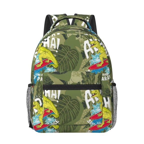 Rateoe Surfing Dinosaur Pattern Durable Student Backpack Laptop Bag- Ergonomic Design, Waterproof Twill Fabric - Ideal for School, Travel, and Outdoor Activities