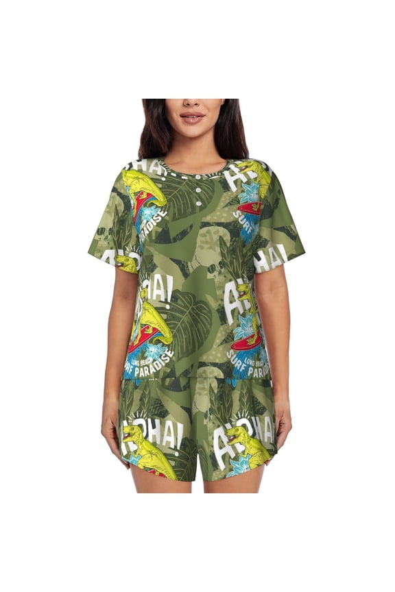 Surfing Dinosaur Pattern Women's Short-Sleeved Pajama Set - 2 Piece Soft and Lightweight Sleepwear Set-Medium