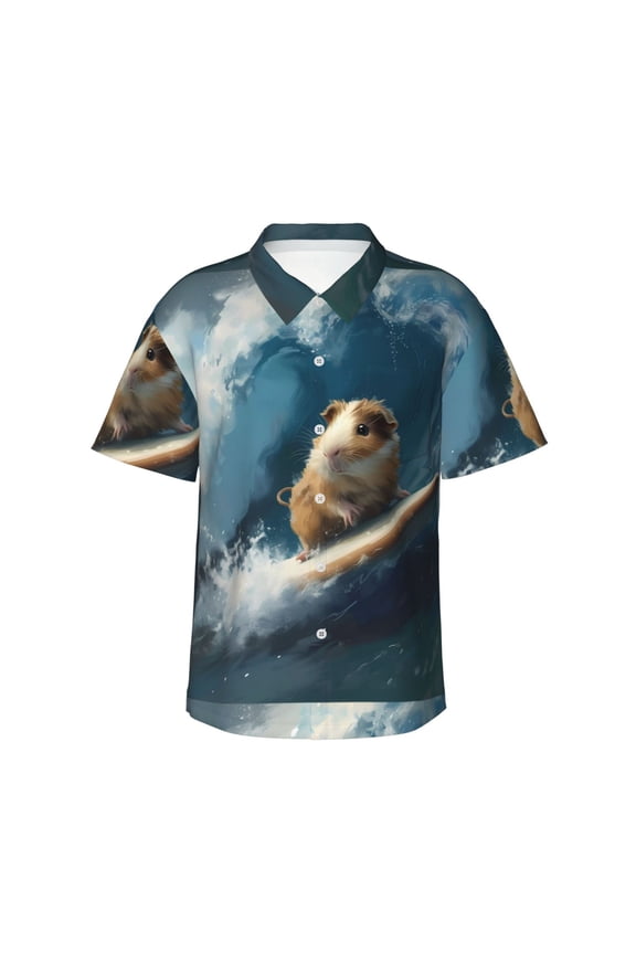 Surfing Guinea Pig Pattern Mens Hawaiian Shirt Short Sleeve Button-Down Tropical Beach Shirt, Lightweight & Breathable Casual Aloha Shirt with Pocket,