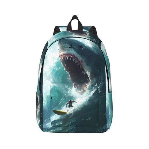 Rateoe Surfing Shark Pattern Canvas College Laptop Backpack,Travel Daypack,Durable Rucksack Travel Notebook Bag School Backpack Book Bag for Men Women-Medium