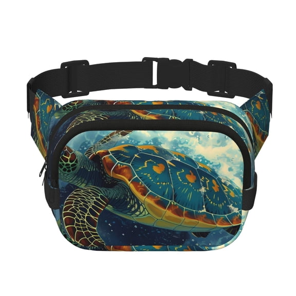 Rateoe Surfing Turtle Print Fanny Pack Belt Bag for Women and Men, Square Double-Layer Waterproof Waist Pack with Adjustable Strap for Hiking, Jogging, Cycling