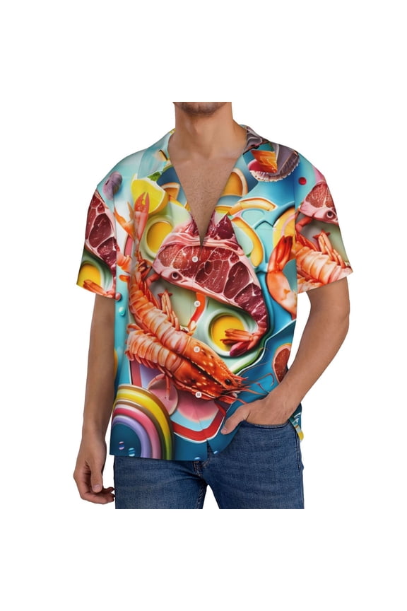 Surreal Seafood Extravaganza Pattern Men's Short Sleeve Classic Shirt, Casual Short-Sleeved Shirt, Lightweight Summer Shirt, Cuban Collar Shirt,Button-Front Shirt-Medium