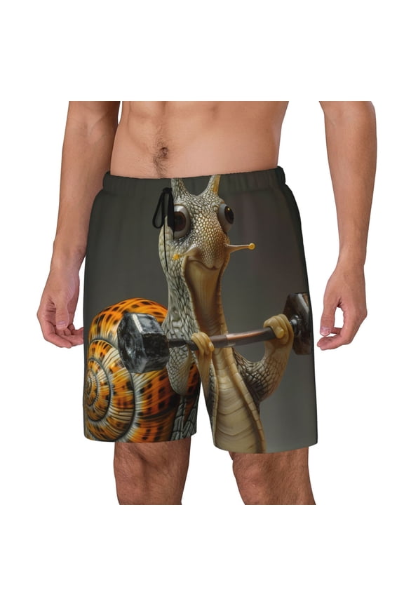 Surreal Weightlifting Snail Pattern Men’s Swim Shorts with Compression Liner – Double-Layered Quick-Dry Swimwear, Comfortable & Stretchy Beach Shorts-3X-Large