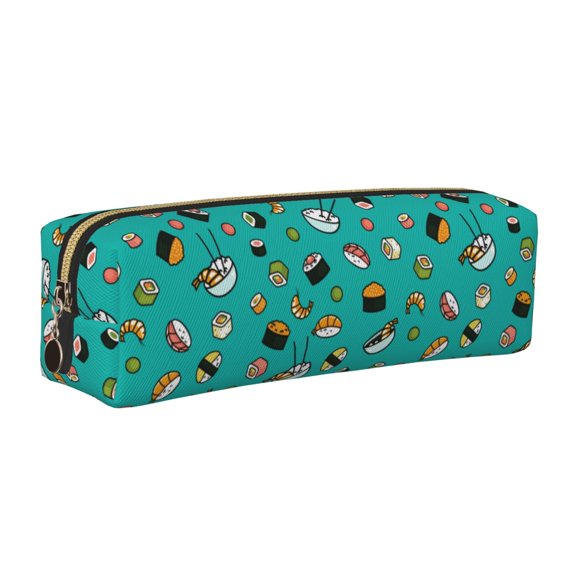 Rateoe Sushi Print Leather Pencil Case with Smooth Zipper, Compact Storage for Writing Tools & Art Supplies, 8.26" x 1.96" x 2.16"
