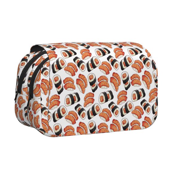 Rateoe Sushi Roll Pattern Double Clamshell Pen Case, Storage Organizer with Two Zipper Compartments Holds Up to 50 Pencils & Pens