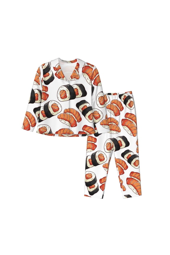 Sushi Roll Pattern Womens Pajamas Set Long Sleeve Sleepwear Button Down Nightwear Soft Cotton Pj Lounge Sets