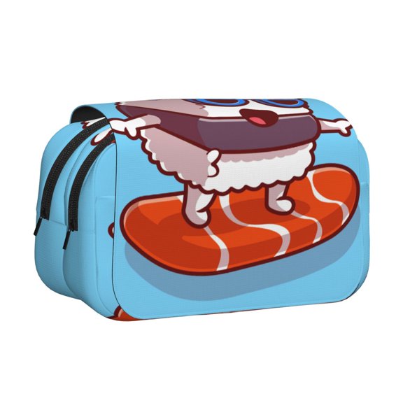 Rateoe Sushi Salmon Surfing Pattern Double Clamshell Pen Case, Storage Organizer with Two Zipper Compartments Holds Up to 50 Pencils & Pens