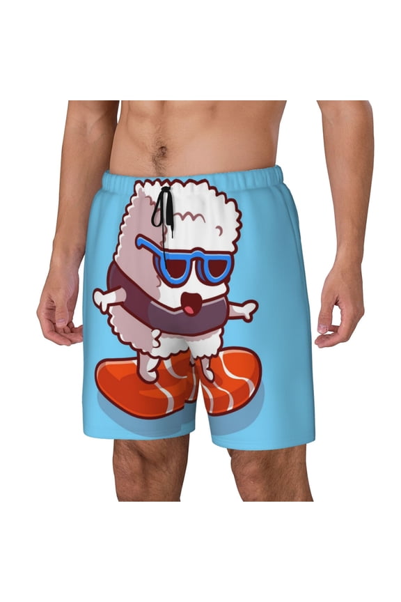 Sushi Salmon Surfing Pattern Men’s Swim Shorts with Compression Liner – Double-Layered Quick-Dry Swimwear, Comfortable & Stretchy Beach Shorts-Small