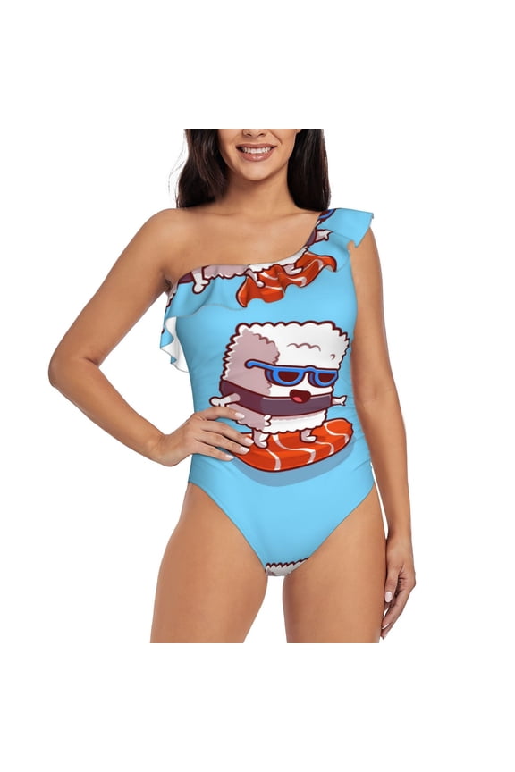 Sushi Salmon Surfing Pattern Women One Piece Swimsuits Tummy Control One Shoulder Bathing Suits Ruffle Swimwear-Medium