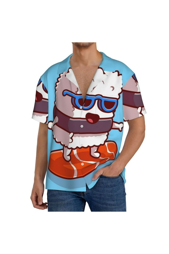 Sushi Salmon Surfing Print Mens Front Pocket Hawaiian Shirts Casual Shirts Short Sleeve Button Down Beach Tropical Shirts-Large