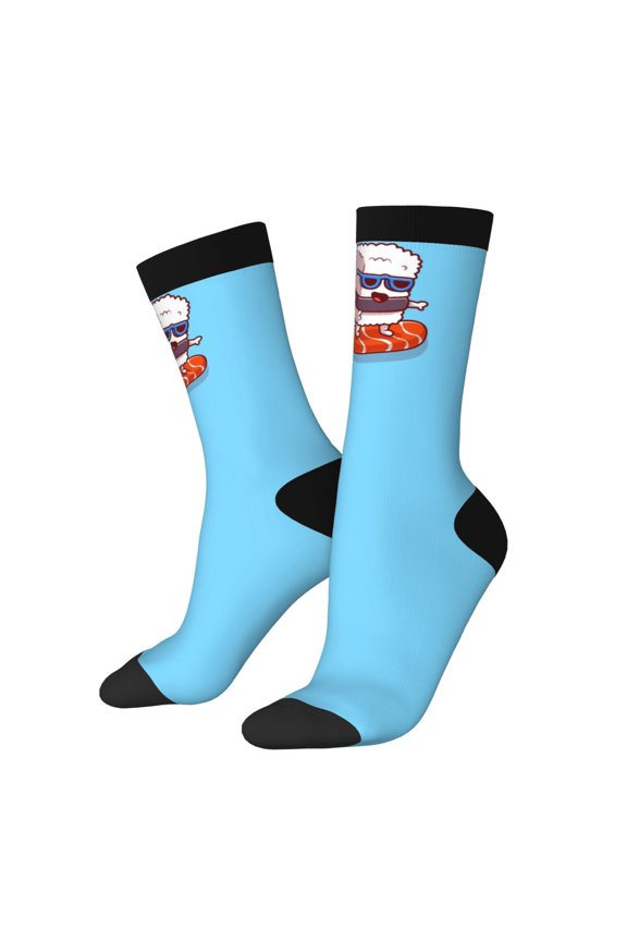 Sushi Salmon Surfing for Women Casual Calf Socks - Cute Crew Socks - Thin Soft Above Ankle Socks Size 5-11