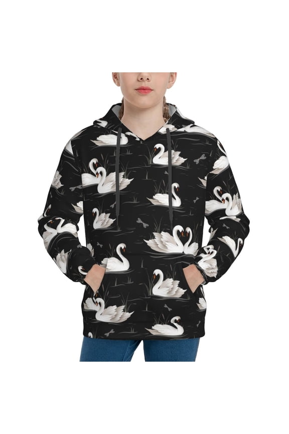 Swan And Dragonflies Pattern Boys Hoodie, Youth Pullover Hooded Sweatshirt, Kangaroo Pocket Hoodie for Kids-Large