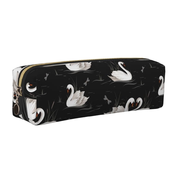 Rateoe Swan And Dragonflies Print Leather Pencil Case with Smooth Zipper, Compact Storage for Writing Tools & Art Supplies, 8.26" x 1.96" x 2.16"