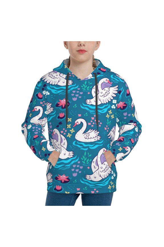 Swan On The Pond Pattern Boys Hoodie, Youth Pullover Hooded Sweatshirt, Kangaroo Pocket Hoodie for Kids-Medium