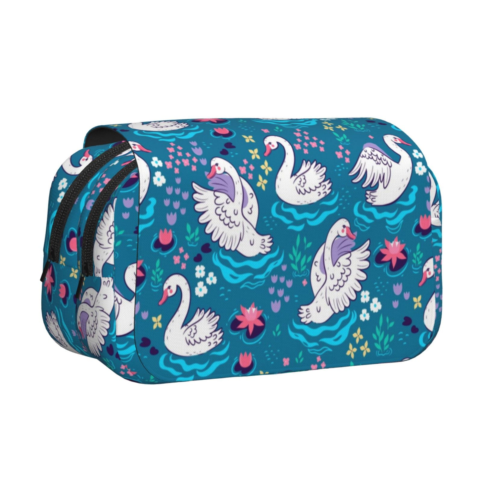Rateoe Swan On The Pond Pattern Double Clamshell Pen Case, Storage Organizer with Two Zipper Compartments– Holds Up to 50 Pencils & Pens