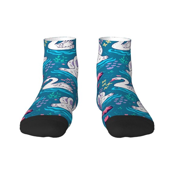Rateoe Swan On The Pond Pattern Quarter Crew Socks,Toe Seamed Ankle Socks,Cotton Cushioned Breathable Athletic Crew Sports Socks