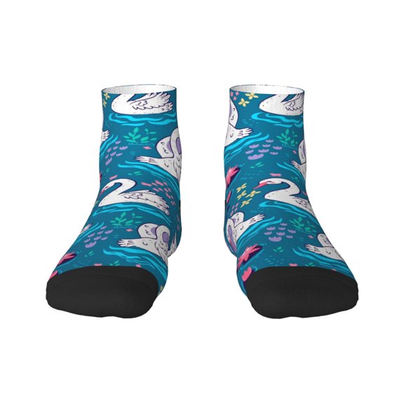Rateoe Swan On The Pond Pattern Quarter Crew Socks,Toe Seamed Ankle Socks,Cotton Cushioned Breathable Athletic Crew Sports Socks