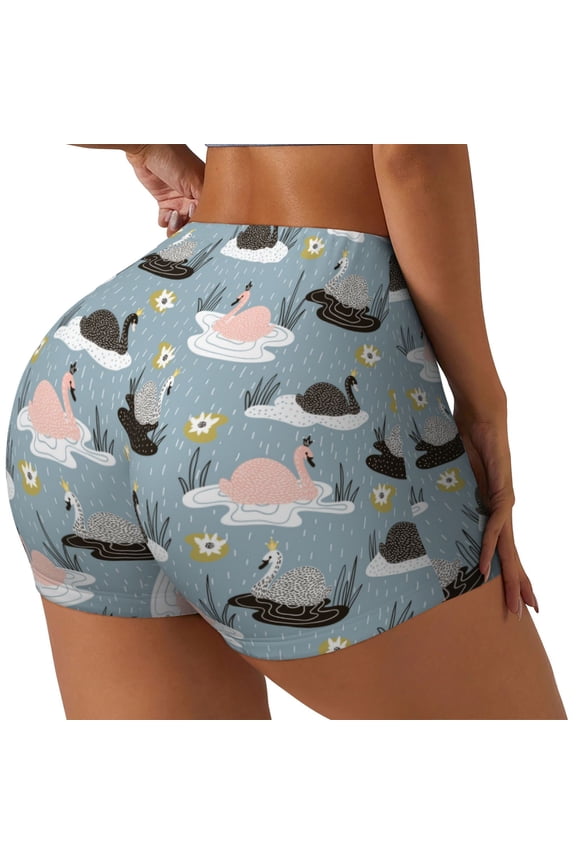Swan Princess On Lake Printed Power Workout Shorts for Women Tummy Control Squat Proof Ribbed Thick Seamless Scrunch Active Short-Medium