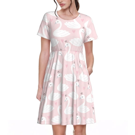Rateoe Swan1 Pattern Women’s Short Sleeve Dress – Casual Elegant Summer A-Line Dress for Everyday Wear