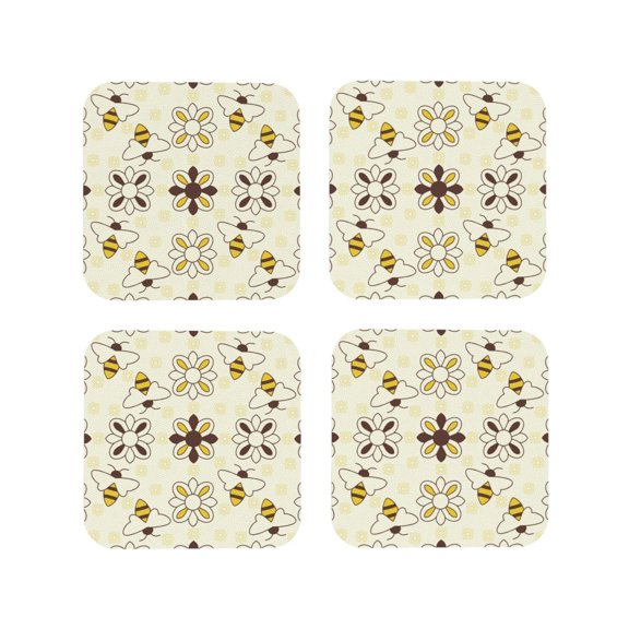 Rateoe Sweet Bee Drawing Drink Coasters Set of 4 Leather Coasters Spill Protection for Table Desk,Durable and Non Slip Leather Coaster ,4 Inches Drink Mats-Square