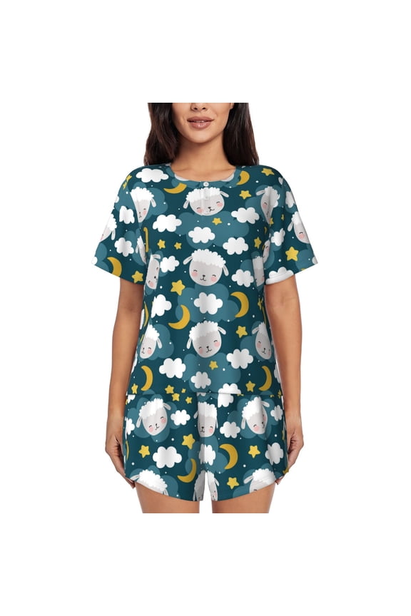 Sweet Dream Lamb Pattern Women's Short-Sleeved Pajama Set - 2 Piece Soft and Lightweight Sleepwear Set-Medium