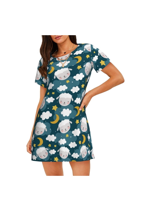 Sweet Dream Lamb Print Women’s Nightdress – Cozy Cotton Short-sleeved Sleep Shirt, Loose-Fit Sleepwear, Perfect for Relaxing and Sleeping