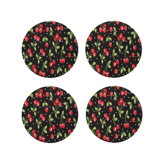 Rateoe Sweet Red Cherry Drawing Drink Coasters Set of 4 Leather Coasters Spill Protection for Table Desk,Durable and Non Slip Leather Coaster ,4 Inches Drink Mats-Round Shape