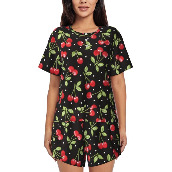 Rateoe Sweet Red Cherry for 2 Piece Short Sleeves Pajama Sets Casual Lounge Sleepwear Ladies Pjs Sets with Pocket-Small