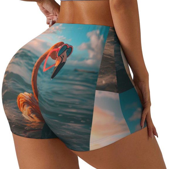 Rateoe Swimming Goggled Flamingo Printed Power Workout Shorts for Women Tummy Control Squat Proof Ribbed Thick Seamless Scrunch Active Short-Medium