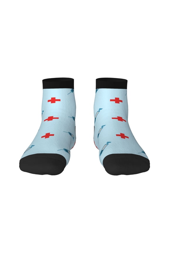 Syringe And Red Cross Pattern Quarter Crew Socks,Toe Seamed Ankle Socks,Cotton Cushioned Breathable Athletic Crew Sports Socks