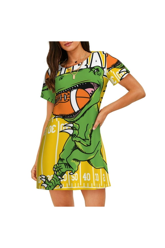 T-Rex Playing Football Print Women’s Nightdress – Cozy Cotton Short-sleeved Sleep Shirt, Loose-Fit Sleepwear, Perfect for Relaxing and Sleeping