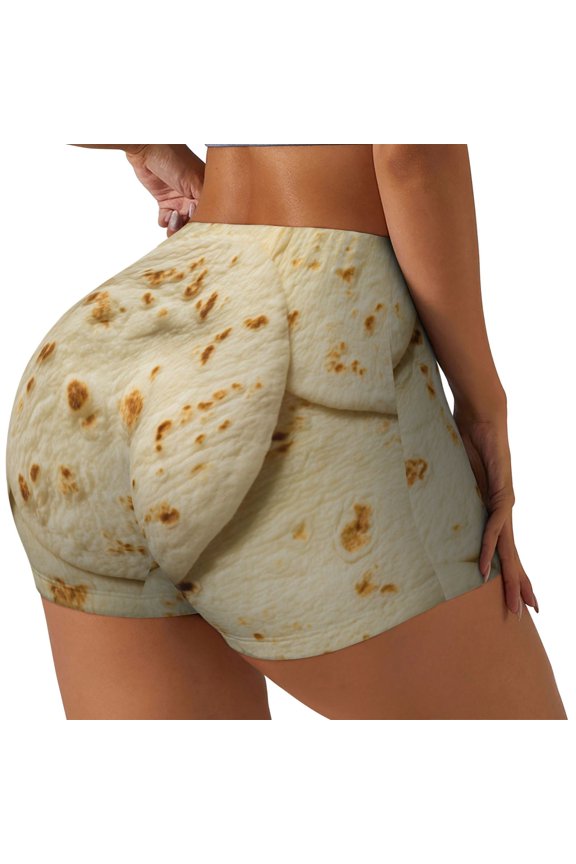 Taco Tortillas Printed Power Workout Shorts for Women Tummy Control Squat Proof Ribbed Thick Seamless Scrunch Active Short-Small