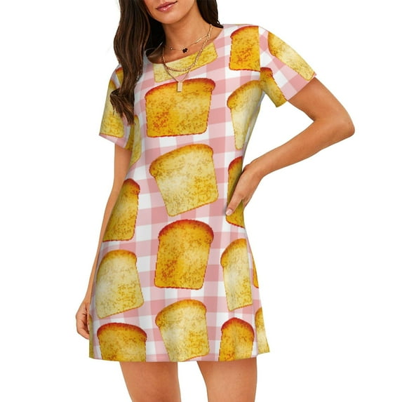 Rateoe Tasty Toasts Print Women’s Nightdress – Cozy Cotton Short-sleeved Sleep Shirt, Loose-Fit Sleepwear, Perfect for Relaxing and Sleeping
