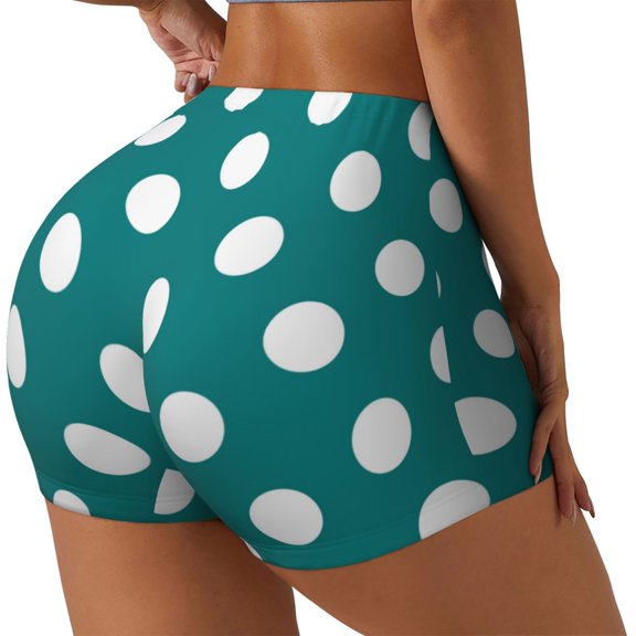 Rateoe Teal And White Polka Dot Printed Power Workout Shorts for Women Tummy Control Squat Proof Ribbed Thick Seamless Scrunch Active Short-Large