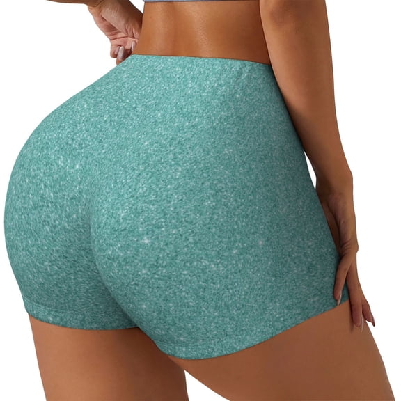 Rateoe Teal Green Glitter Printed Power Workout Shorts for Women Tummy Control Squat Proof Ribbed Thick Seamless Scrunch Active Short-Medium