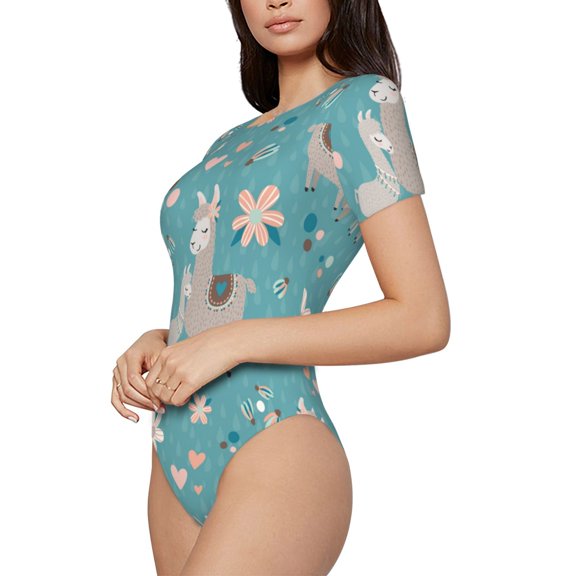 Rateoe Teal Mama Llama Printed Women Rash Guard Short Sleeve,Tummy control Swimsuit Surfing Swimsuit Bathing Suit Short-sleeved Onesie UPF 50+