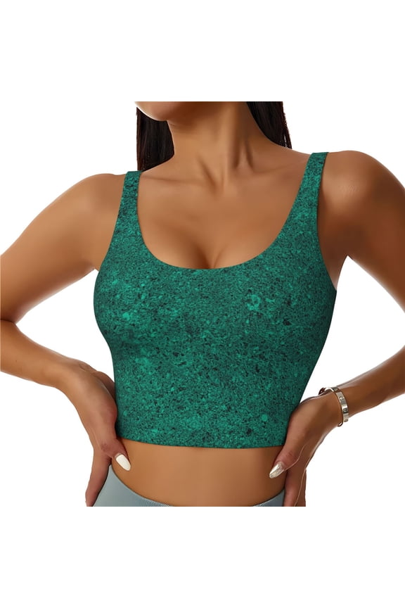 Teal Marble Print Womens' Sports Bras Scoop Neck Sports Vest- Padded U Back Seamless High Impact Support-Medium